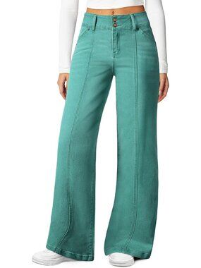 Women's Green High Waisted Stretchy Jeans Seamed Front Double Buttons Wide Leg